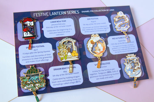 Festive lantern series enamel pin collection by Linari on a display card with descriptions.