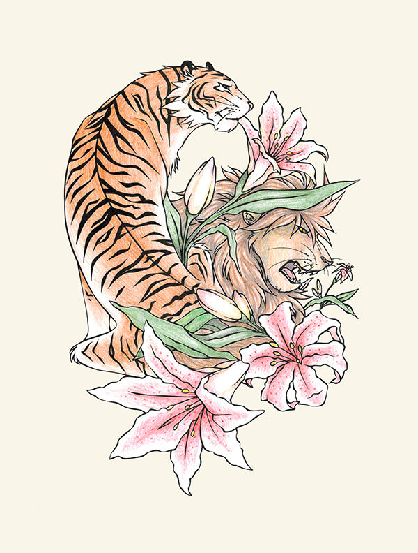 Illustration of a tiger and a lion surrounded by stargazer lilly flowers and green leaves on a beige background